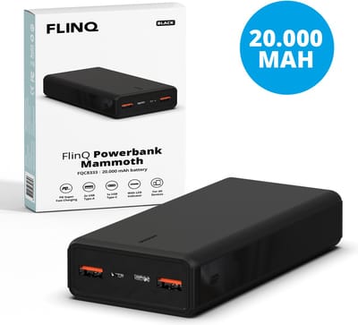FlinQ Powerbank 20.000mAh -Snellader voor 3 apparaten tegelijk opladen - Quick Charge PD - Powerbanks voor noodpakket - Incl. USB-Kabel