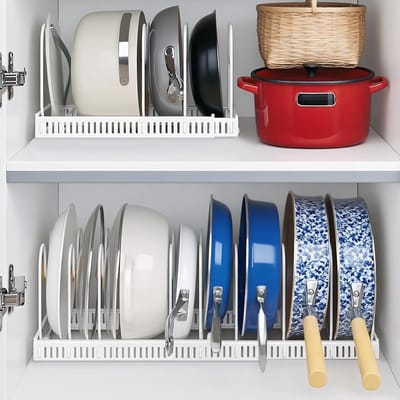 Verstelbare Potdekselhouder met 10 Scheidingswanden, Retractable Keukenorganizer voor Bakplaten, Snijplanken en Pannenaccessoires, Antikras Keukenkastoplossing