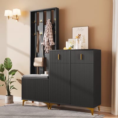OKWISH Garderobeset 180,5 X 83 X 35,2 Cm - Schoenenkast Met Bankje En Kapstok - Push Open Met Dempende Scharnieren - Spaanplaat - Zwart