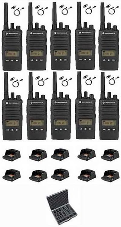 Set van 10 Motorola XT460 IP55 PMR446 met koffer, D-shape oortje en tafellader