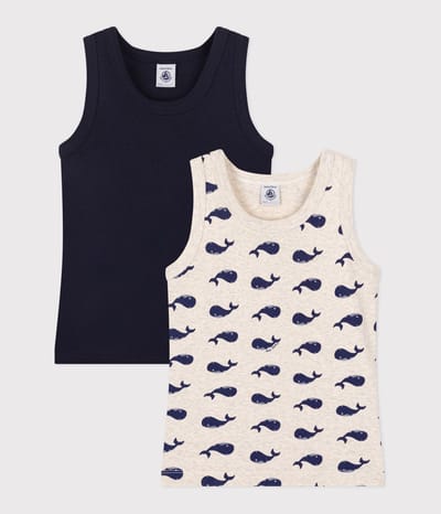 Petit Bateau Setje met 2 katoenen kinderhemdjes met walvisprint Jongens Onderhemd - Blauw + Beige/Blauw