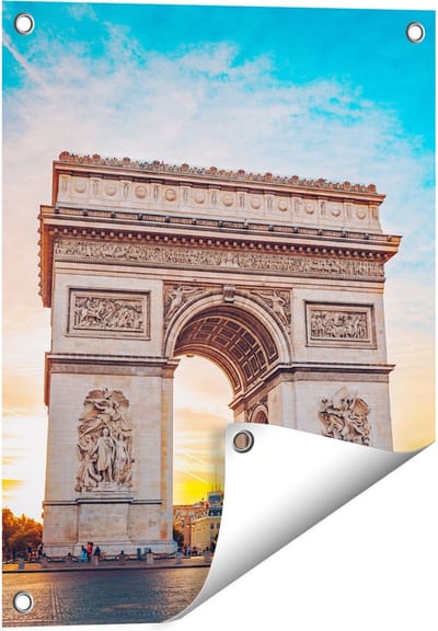 Gards Tuinposter Arc de Triomphe in Parijs met Zonsondergang - 40x50 cm - Tuindoek - Tuindecoratie - Wanddecoratie buiten - Tuinschilderij
