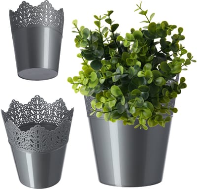 KADAX Kanten bloempot van kunststof, 9 kleuren, bloempot met kantmotief, bloempotbescherming voor kantoor, pot, tuinschaal, bloembak, sierpot (diameter 14,5 cm, hoog, zilver)