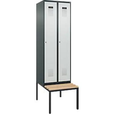 C+P Evolo Plus garderobekast, 2 vakken van elk 300 mm breed, bank eronder, B 600 x D 815 x H 2120 mm, cilinder, antracietgrijs/lichtgrijs