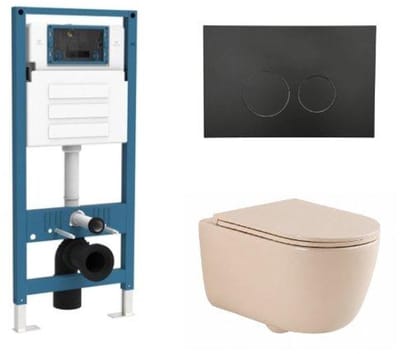 QeramiQ Dely Swirl Toiletset - inbouwreservoir Qeramiq Flush - slim zitting - metaal mat zwarte bedieningsplaat - ronde knoppen - beige