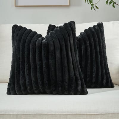 FUTEI Black Striped Decorative Cushion Covers 56.5 x 55cm Set of 2, Square Fall Decorations Sofa Pillow Cover, Soft Cozy Faux Rabbit Fur and Velvet Backing, Modern Home Decor