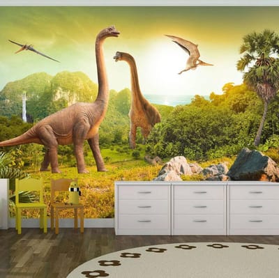 200cm X 140cm - Fotobehang - Vliesbehang Dinosaurus, beige/groen, premium print vliesbehang, 5 maten, kinderkamer, zeer scherp geprijsd, instructies bijgevoegd, geen behangtafel nodig