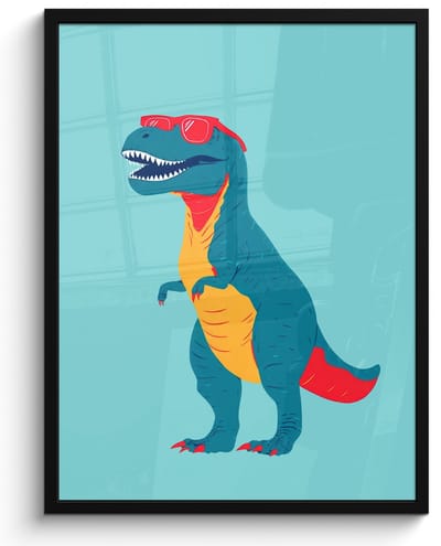 Poster in lijst - Fotolijst 60x80 cm - Posters - Dinosaurus - Blauw - Zonnebril - Posterlijst zwart - Decoratie - Wanddecoratie woonkamer - Muurdecoratie slaapkamer