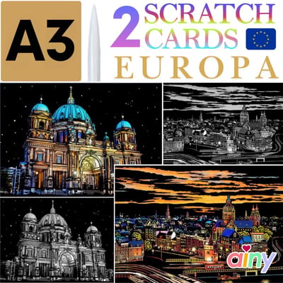 Ainy - Scratch Art Europa | Duitsland & Nederland (A3) | 2 krastekeningen inclusief kraspen | Kras tekeningen | Schilderen op kleuren kunst kraskaart | hobby & creatief voor volwassenen en kinderen | Knutselen - ontspanningspakket