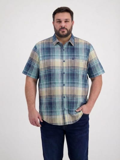 LERROS Geruit overhemd met korte mouwen in grote maten , Maat: 3XL , Kleur: MINT WATER , 71% katoen, 29% linnen