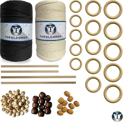 XXL Macramé Pakket | 400 METER | Incl. Handleiding | Starter Set | Ringen | Kralen | Stokken | Macramé Touw | 3mm | 100% Katoen | Macramé | Decoratie | DIY | Doe Het Zelf | Wandkleed | Dromenvanger | Plantenhanger | Tassen | TheOldOmen