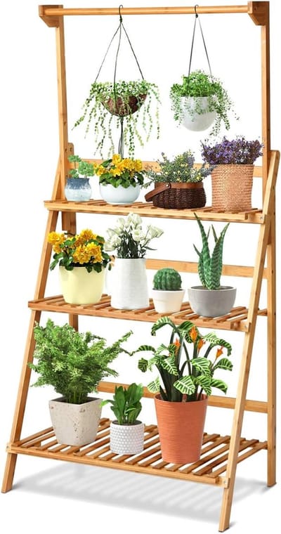 unho 3 Tier Opknoping Plant Stand Opbergrek - opvouwbare bloempot organisator Display Opbergrek - verstelbare hanger Rod - bamboe plant planken - pot houder voor Patio Tuin Balkon