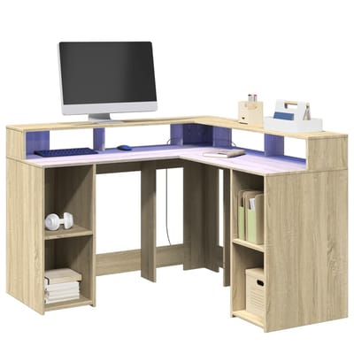 vidaXL - Bureau - met - LED-verlichting - 130x130x91 - cm - hout - sonoma - eikenkleur