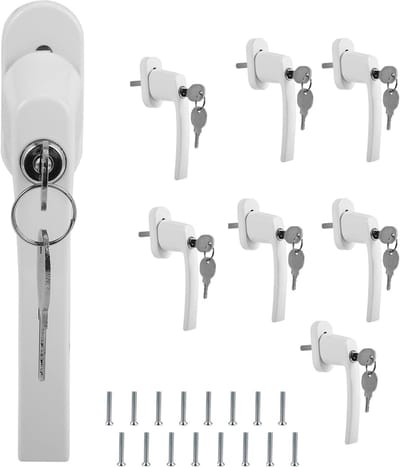 Afsluitbare Raamgreep van Aluminiumlegering - Set van 8 - Raambeveiliging met Slot en Stiftlengte 35 mm - 7 x 35 cm - Witte Raamgrepen