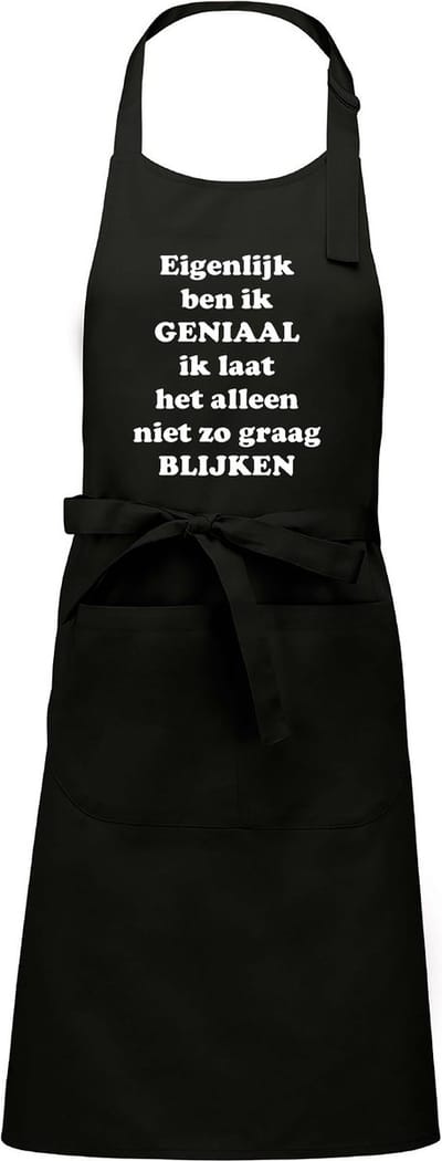 Mijncadeautje Schort - Ik ben geniaal - opdruk wit - mooie en exclusieve keukenschort - zwart