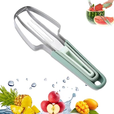 3-in-1 Watermeloen Snijder, RVS Watermeloen Cutter met Fruitvork voor Keuken, Familiefeest en Kamperen