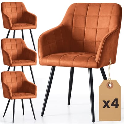 Set van 4 Eetkamerstoelen LUXANO met Armleuningen / Gestoffeerde Stoelen / Fluwelen Stoelen en Metalen Poten / Koperkleur met zwarte benen