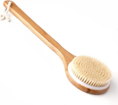 Famanu – Droogborstel voor exfoliëren en masseren van het lichaam, natuurlijke haren, bamboe lange steel, geschikt tegen dode huid