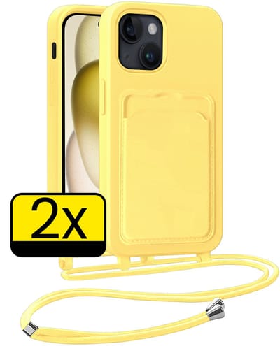 Hoesje Geschikt voor iPhone 15 Plus Telefoonhoesje Met Koord Case Pashouder Siliconen - Hoes Geschikt voor iPhone 15 Plus Hoesje Met Kaarthouder - Geel - 2 Stuks