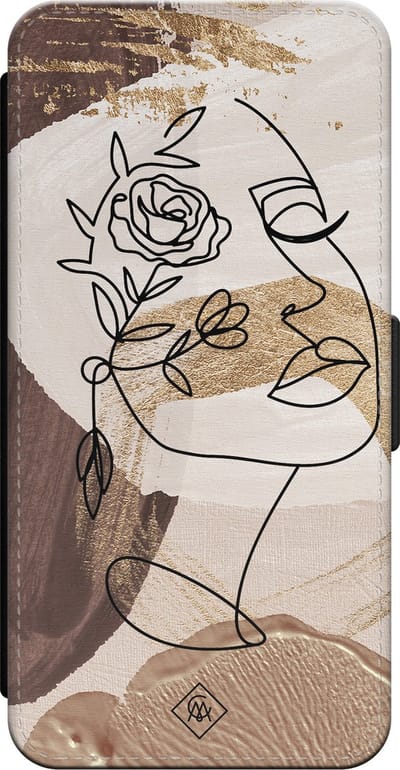 Casimoda® bookcase - Geschikt voor iPhone 15 - Hoesje met pasjeshouder - Abstract Gezicht Bruin - Bruin/beige - Kunstleer