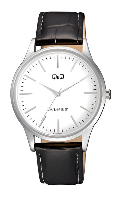 Q&Q C10A-010PY-Horloge-Heren-Zilverkleurig-Duidelijke wijzerplaat-Zwart lederen band