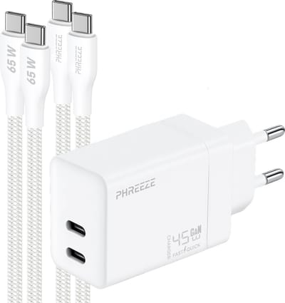 Phreeze dubbele usb C adapter - Met usb C naar usb C kabels - Complete 1m snellader set voor smartphone en tablet