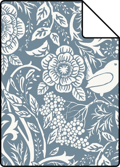 Proefstaal ESTAhome behang bloemen en vogels in art nouveau stijl vergrijsd blauw - 26.5 x 21 cm - 139477-S
