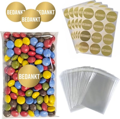 100x Uitdeelzakjes 10x15 cm + Stickers Bedankt - Zakjes Met Plakstrip - Zelfklevende Zakjes - Uitdeelzakjes - School Traktaties - Sluitstickers - Transparant - 10x15cm - 100 Stuks