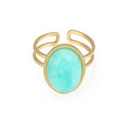 Ring – RVS – Ovaal Amazoniet 18 mm - edelsteen - Goudkleurig 18K PVD plating – Verstelbare – ontwerp – Makkelijke voor mensen met moeilijke en artrose vingers