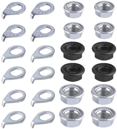12 Stuks Flenkmoeren voor Fietsen, RVS Met Lock Teeth, Geschikt voor Mountainbikes, M8 M9.5 M10, Inclusief 12 Stuks Pads en Flenkmoeren voor Betrouwbare Bevestiging