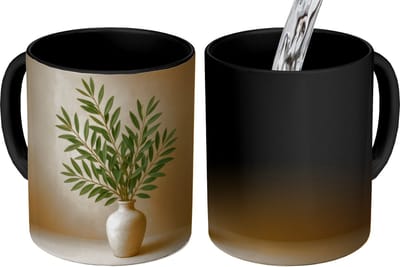 Magische Mok - Foto op Warmte Mokken - Koffiemok - Vaas - Olijftakken - Bladeren - Beige - Magic Mok - Beker - 350 ML - Theemok
