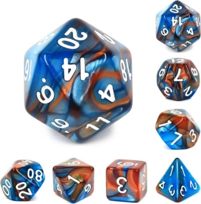 Polyset Dice | Dobbelstenen - Set Van 7 Stuks - Rood Blauw Marmer Parelmoer Wit | Voor D&D en Andere Rollenspellen | Plastic Dobbelstenen Set voor Dungeons and Dragons | Polyhedral Dice Set | Met Mooie Zwarte Velvet Dice Bag voor Ongeveer 3 Sets