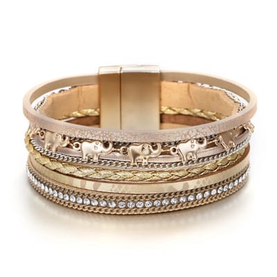 Sorprese Armband - Safari Chic - Met Goudkleurige Olifantjes - Leer Armband Dames - Wikkelarmband - Cadeau - Model J