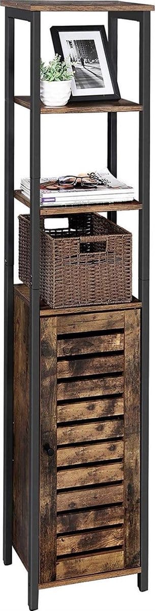 Vasagle Badkamerkast hout smal design 37x30x167cm | Efficiënte kast met 3 planken en kastdeur | Keukenkast met zacht industrieel design | Gemakkelijk te monteren | Duurzaam en hoogwaardig materiaal | Vintage kast voor woonkamer, slaapkamer, hal