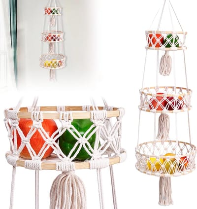 Hangende fruitmand - 3-traps hangmand van geweven katoenen touw macramé - opbergmand wandhangtas voor slaapkamer .