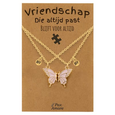 BFF Ketting voor 2 'Vriendschap die altijd past' - Magnetische Roze Vlinder - Vriendschapsketting op Cadeau Kaartje - 45cm + 5cm verstelbaar - Goudkleurig - Best Friends Hanger - Pax Amare