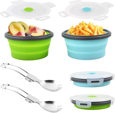 Dailygoods - Klapkom met deksel, 2 stuks, inklapbaar, draagbaar, van siliconen, met 2 opvouwbare 2-in-1 lepels, inklapbaar, draagbaar, voor reizen, camping, picknick, 350 ml