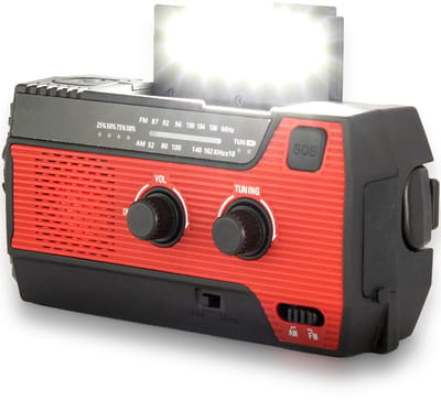 Noodradio Solar Opwindbaar en Batterijen - Noodpakket - Draagbare Survival Radio - Powerbank en Zonneenergie - Bouwradio - Zaklamp - 4000 mAh - Rood