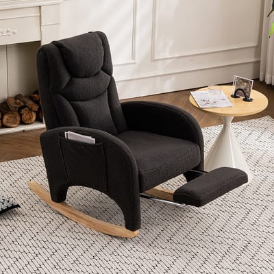 BLACKCOLORS Schommelstoel, relaxfauteuil, fauteuil met armleuningen, gestoffeerde schommelstoel, bijzetstoel voor de slaapkamer, donkergrijze Teddy-stof, draagvermogen 110 kg