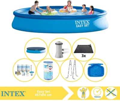 Intex Rond Opblaasbaar Easy Set Zwembad - 457 x 84 cm - Blauw - Inclusief Pomp - Afdekzeil - Onderhoudspakket - Filter - Solar Mat - Ladder - Voetenbad - 8-delig