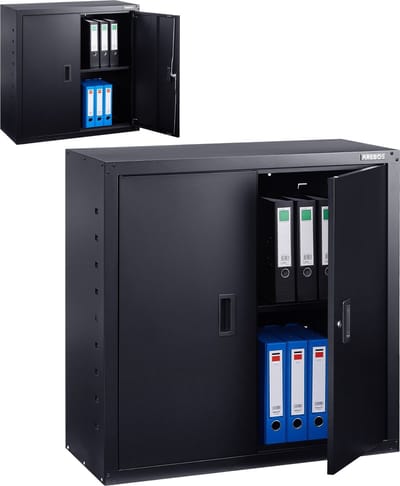 AREBOS Archiefkast - Dossierkast - Roldeurkast - Kantoorkast - Opbergkasten met deuren - Archiefkast Metaal - 90x90x40 cm -Zwart - 1 Uitneembare planken