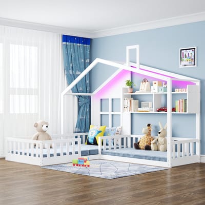 MIVRAY Kinderbed 90x200 cm - Huisbed Met LED Verlichting en Opbergrekken - Zonder Matras en Met Veiligheidshekje - Hout en MDF - Wit