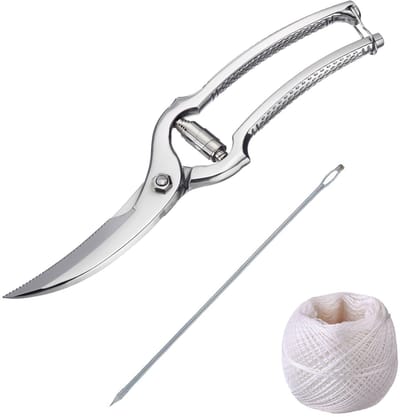 Westmark Gevogelteset, 3-delig, 1 gevogelteschaar met veermechanisme, 1 bindnaald + 1 keukentouw 60m, RVS/polyester, Classic, Zilver/Wit, 137122E6