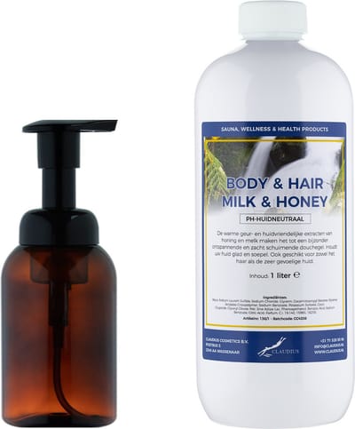 Zeepdispenser 300 ml amber bruin hervulbaar + 1 liter Body & Hair Milk & Honey navulling