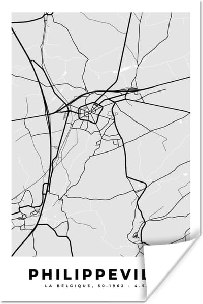 Poster Kaart – Plattegrond – Stadskaart – Philippeville – België – Zwart Wit - 120x180 cm XXL