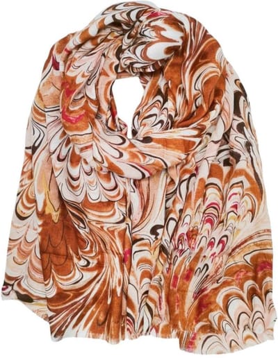 Lange dames sjaal Carina fantasiemotief caramel wit bruin terracotta camel roze beige donkerbruin fuchsia