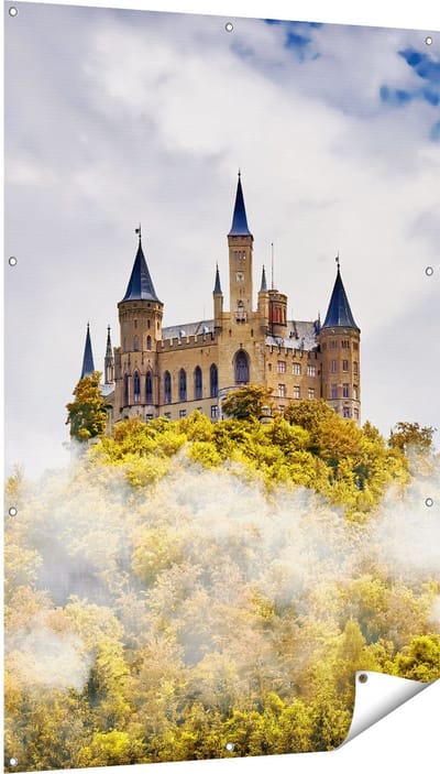 Gards Tuinposter Kasteel op de Berg in het Bos - 100x150 cm - Tuindoek - Tuindecoratie - Wanddecoratie buiten - Tuinschilderij