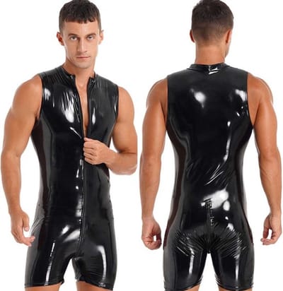 Heren Latex Wetlook jumpsuit deluxe - Mouwloos - Sexy bodysuit heren - Zwart