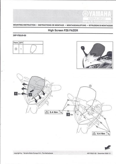Bulle haute 50.5cm pour moto Yamaha 800 FZ8 2011 à 2015 39PF83J00000 Neuf