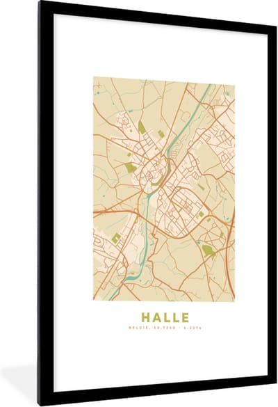 Fotolijst incl. Poster - België - Kaart - Plattegrond - Stadskaart - Halle - 60x90 cm - Posterlijst